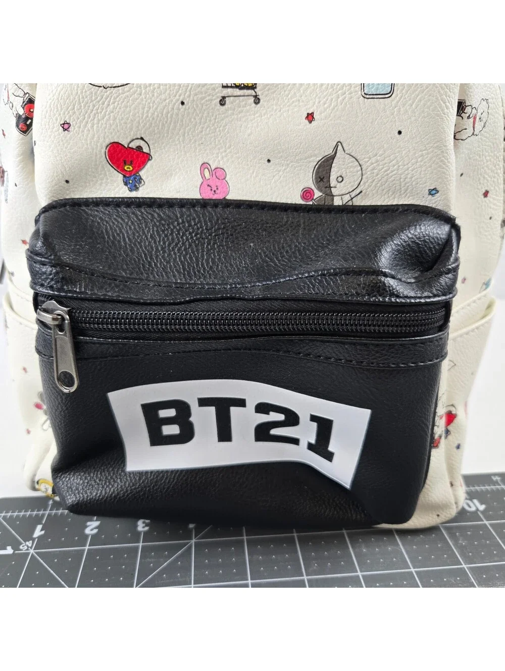 BT21 Mini Backpack White with Character Print and Black Front Pocket
